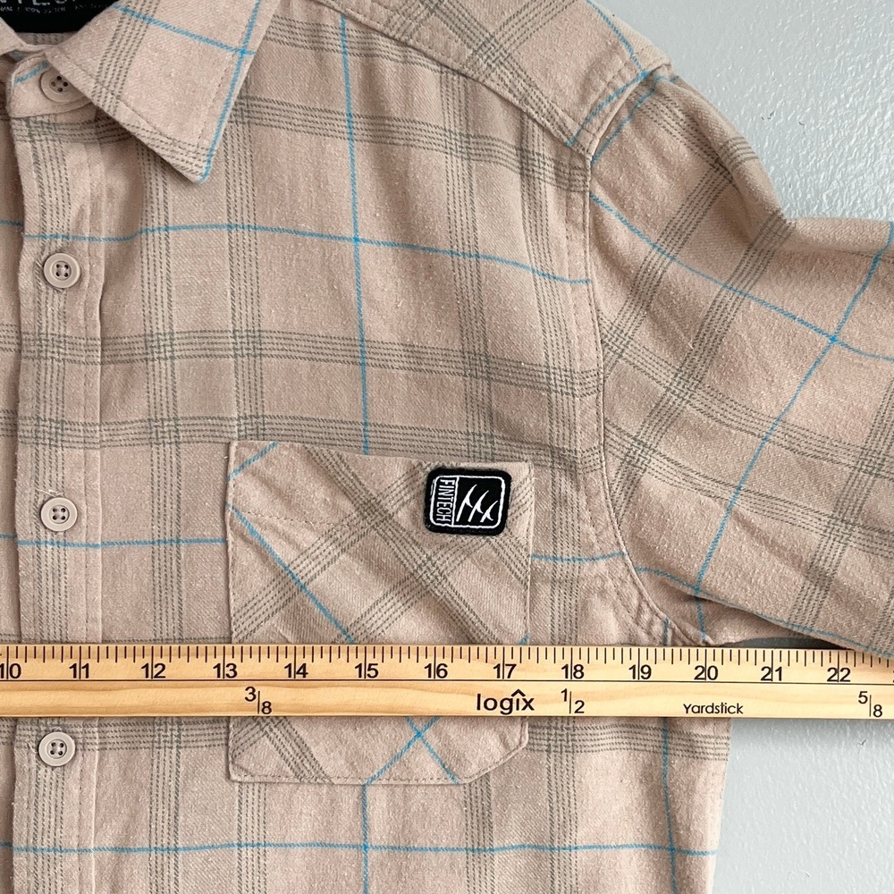Fintech Mens Long Sleeve Plaid Flannel Button Down Shirt Tan Blue Size M - Picture 6 of 9
